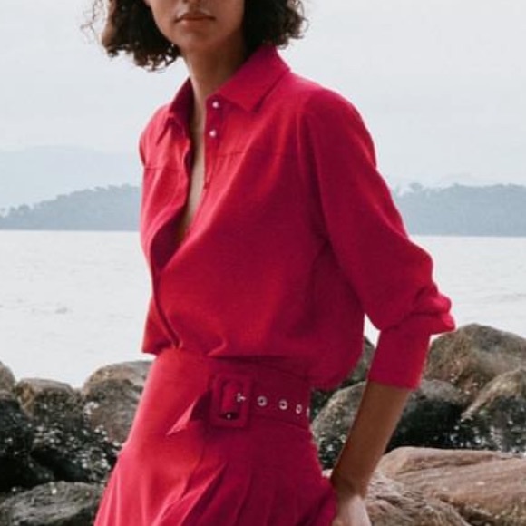 Zara Hot Pink Collared Button Up Long Sleeve Blouse with Pearl Embellishments M - Picture 4 of 14